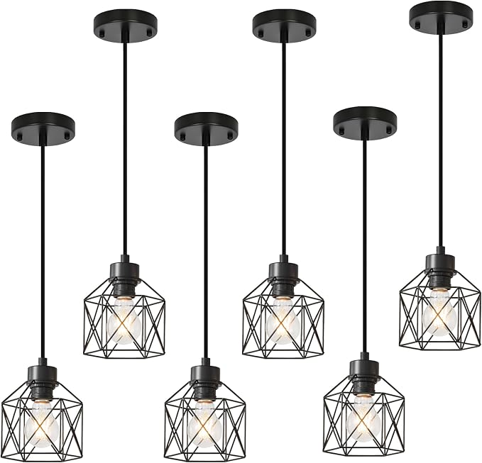 6-Pack Hanging Pendant Light Fixtures, Farmhouse Kitchen Island Light Fixture, Industrial Hanging Pendant Lighting for Dining Room Bedroom Hallway, Black Metal Cage Pendant Lamp, E26 Base