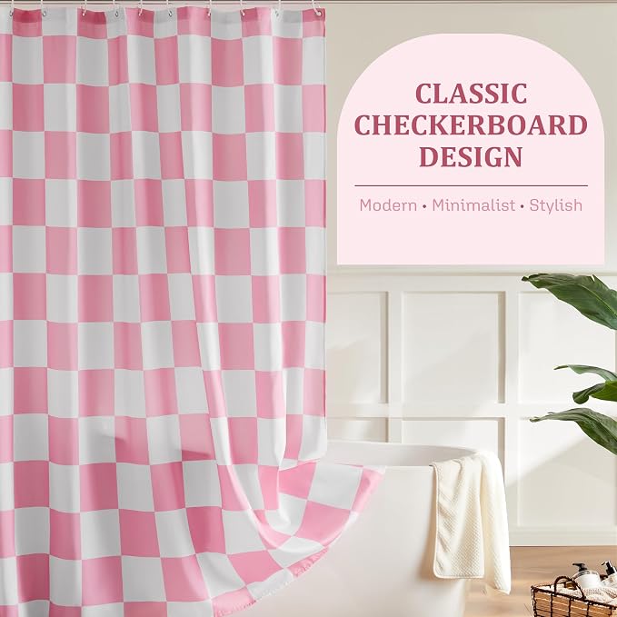 Ohocut Checkered Shower Curtain, Pink Shower Curtains for Bathroom, Cute Retro Checkboard Shower Curtain Vintage Aesthetic, Washable Fabric Bath Curtain 72''x72''
