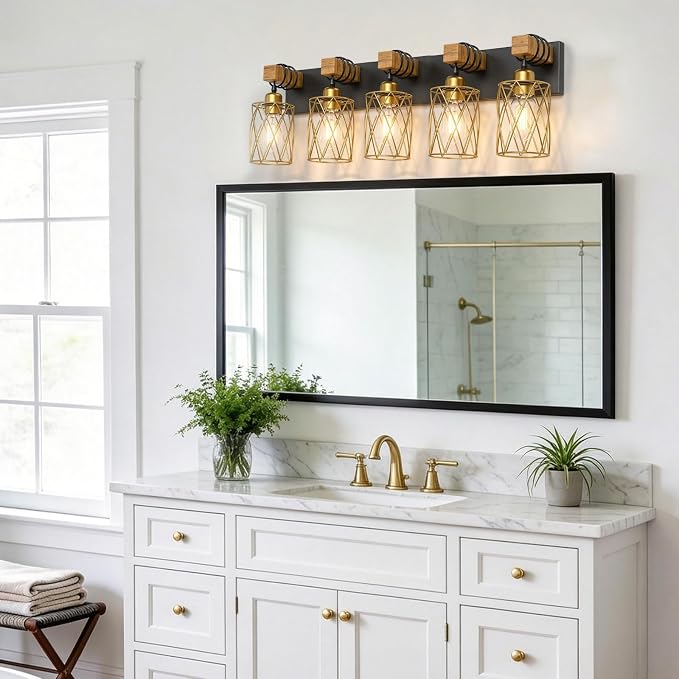 IZORRO Farmhouse Bathroom Vanity Light, 5-Light Wood Bathroom Light Fixtures Over Mirror, Black and Gold Industrial Vanity Lights with Metal Shade, Rustic Restroom Lighting Fixtures