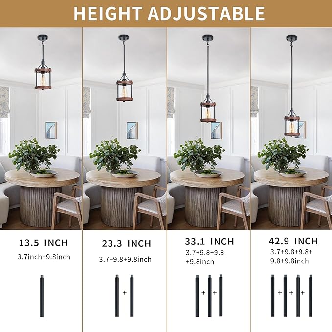 Farmhouse Pendant Light in Wood and Metal Cage, Rustic Brown Wood Pendant Light with Glass, Adjustable Hanging Light Fixtures, Mini Pendant Lighting for Kitchen Island, Hallway, Foyer, 1 Pack