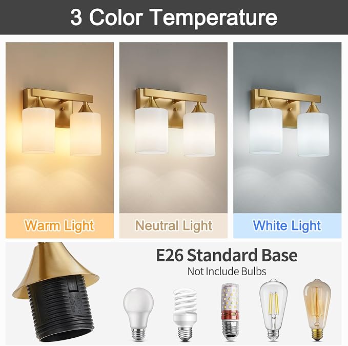 ZHU YAN 2 Light Vanity Lights for Bathroom,Gold Bathroom Vanity Light,Milky White Glass Shades,Modern Bathroom Wall Lamp for Mirror Living Room Bedroom E26 Socket