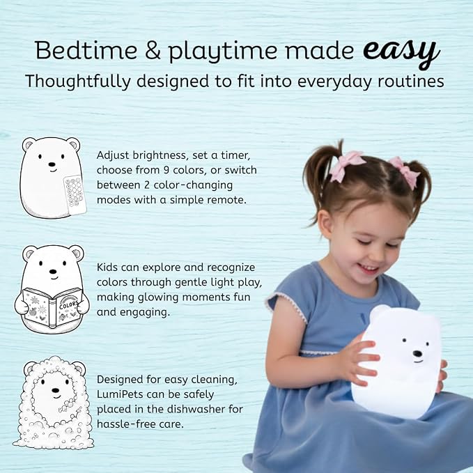 Bear Squishy Night Light for Kids, Silicone Lamp with Remote | Tap Control | Rechargeable 9-Color Changing | Nursery Nightlight for Boys & Girls | Portable Animal Lamp | USB Cord Included