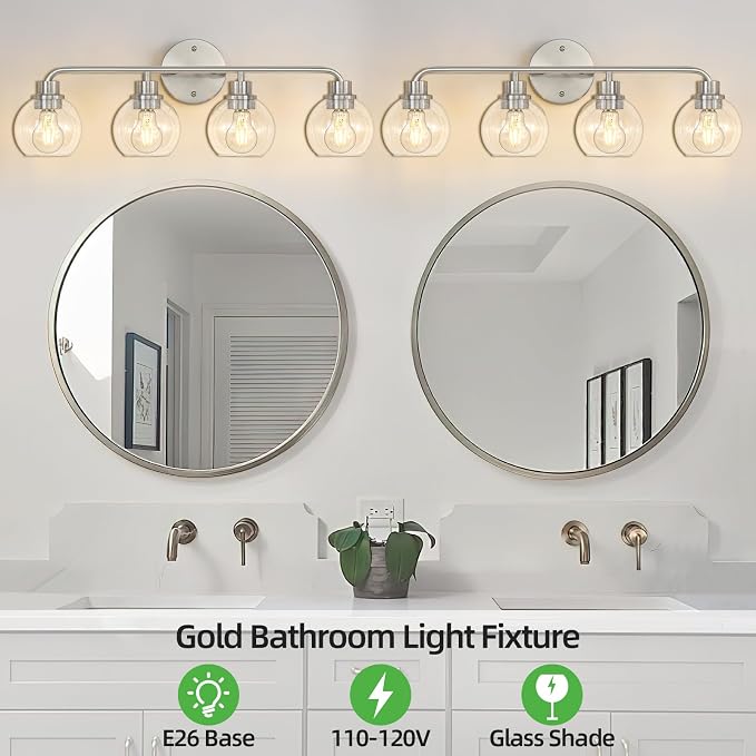 Bathroom Light Fixtures Brushed Nickel Vanity Light Silver 4 Light | Modern Wall Sconces Lighting Bathroom Lights with Glass Shade Bath Wall Lights for Mirror Kitchen Living Room Hallway 27"