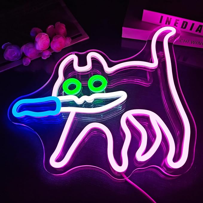 Cautiously Cat Neon Signs for Wall Decor Dimmable Sneaky Cat Knife Neon Light Sign for Bedroom Pink Anime Cat Neon Sign for Zoo Cat Cafe Cat Man Cave