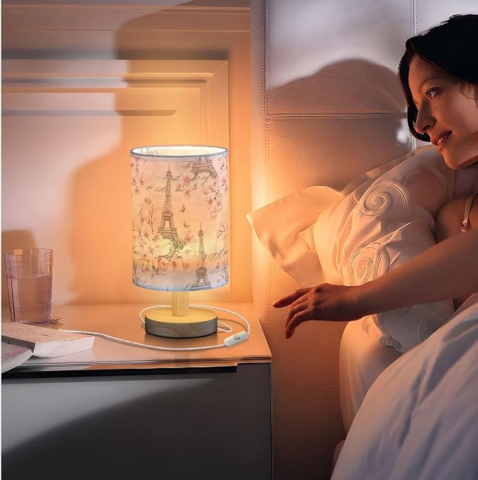 Vintage Pink Floral Eiffel Tower Table Lamp for Bedroom USB Port Lamps Small Accent Table Lamp Nightstand Lamp Study Linen Shade with Wooden Base, Decorative Lamps for Bedside Reading|Kids|Dorm|Home
