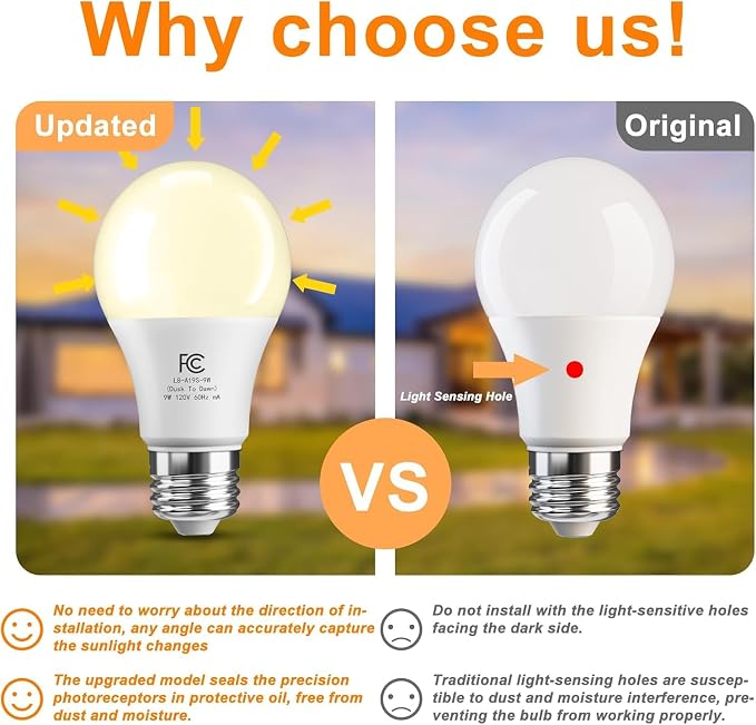 TJOY Dusk to Dawn Light Bulb Outdoor, Light Sensor, Automatic On/Off, 3000K | Photocell A19 LED Bulb for Outdoor Porch Lighting, 60W Equivalent, Energy Efficient 9W, Warm White, E26 Base, 8 Pack