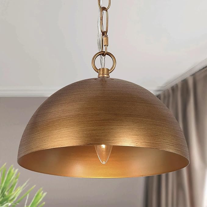 LALUZ 10" Large Dome Pendant Light, Antique Brushed Gold Pendant Lights Kitchen Island Modern Metal Adjustable Hanging Light Fixtures for Dining Room Bedroom Hallway