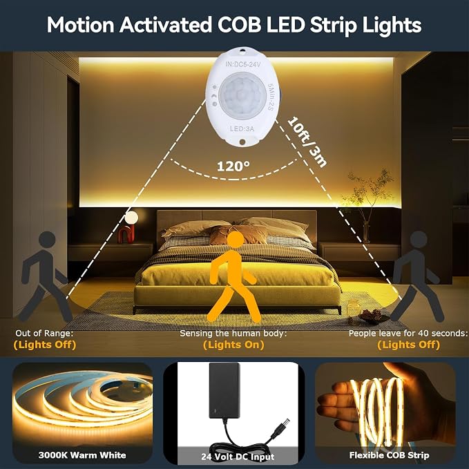 Under Bed Lights Motion Sensor COB LED Strip, 6.56Ft 6000K White Motion Activated LED Light Strip for Bedside, 24V Dimmable Motion Sensor Night Light COB Strip for Under Cabinet Stair Closet
