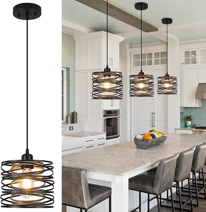 Pendant Light, Kitchen Island Hanging Light Fixtures Wood Farmhouse Metal Pendant Lighting for Dining Room Bedroom Bar Office, Industrial Black, 1 Pack