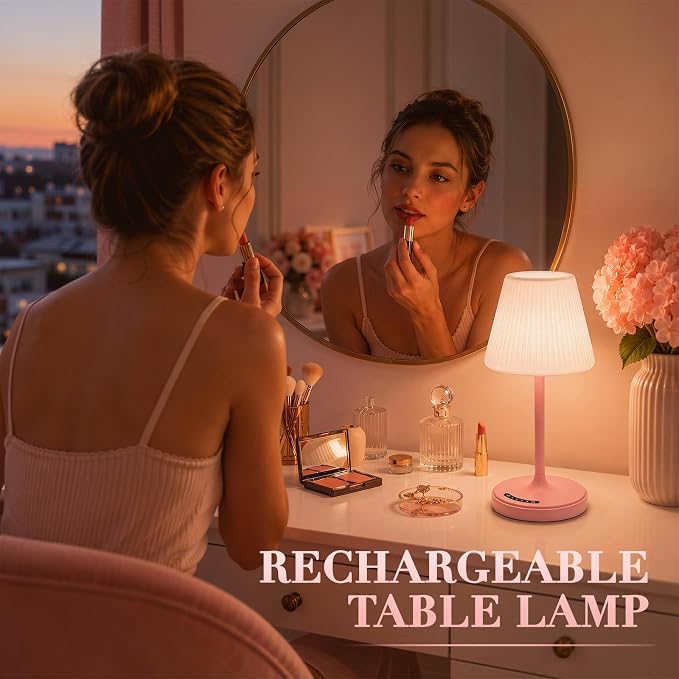 Waterproof Shower Lamp, 4000mAh Cordless Table Lamp, 3-Color Dimmable -Pink | touch dimmable, weighted base, bathroom shower light, patio dinner, RV camping, charge your phones, memory night light