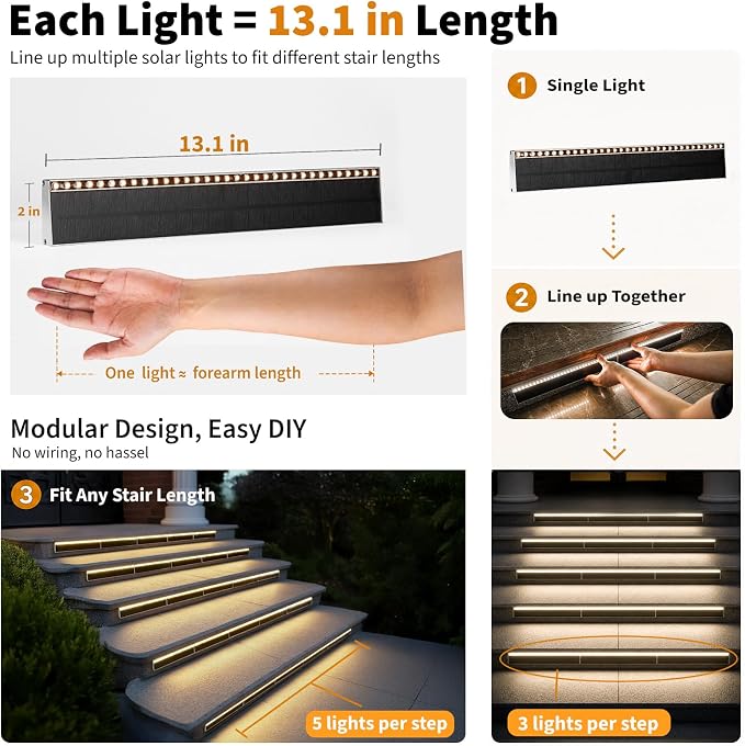 Solar Step Lights Outside, 33 Focused LEDs, Stair Light, 6PK | Downward Lighting, High Brightness, Modular, Waterproof Aluminum, Risers, Deck, Curbsides, Planter Edges, Warm White, 3000K