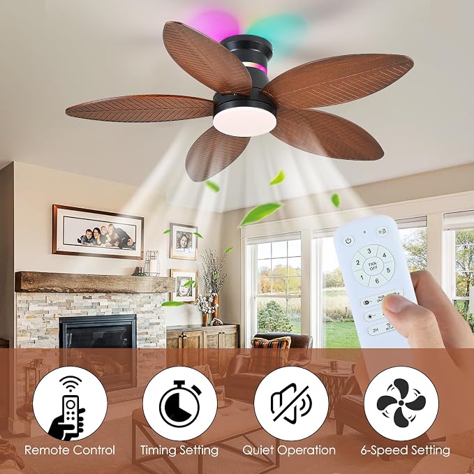 Tropical Palm Leaf RGB Ceiling Fans with Lights 46”, Brown Flush Mount Ceiling Fan with Light and Remote, 3CCT Dimmable LED&&Side RGB Light, Reversible 6 Speeds, Quite Low Profile Ceiling Fan Party