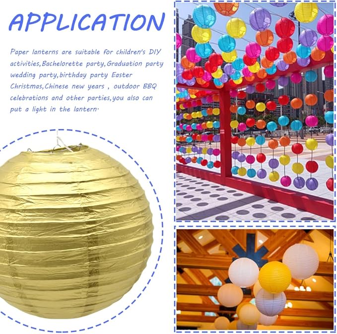 3pcs Paper Lanterns Decorative Round Chinese Paper Lanterns for Birthday Halloween Wedding Baby Bridal Shower Home Decor Party Decoration (12in/Gold)