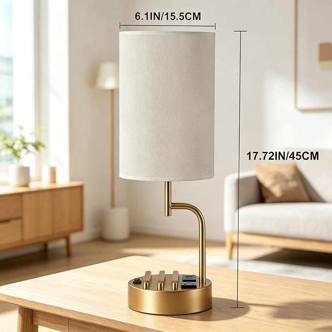 Dreamholder 2 Pack Table Lamp, Bedside Lamp with 3 USB Charging Ports & AC Outlet, USB Desk Lamp with 2 Phone Holders, Linen Fabric Shade Nightstand Lamps for Bedroom Living Room Office, Gold