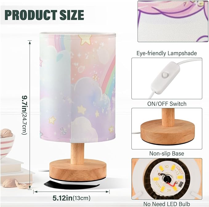 Pink Unicorn with Rainbow Hearts Bedside Table Lamps with USB Port for Bedroom Lamp Accent Table Lamp Small Nightstand Lamp Sturdy Linen Shade Wooden Base Decorative Lamps for Kids Reading Dorm Home
