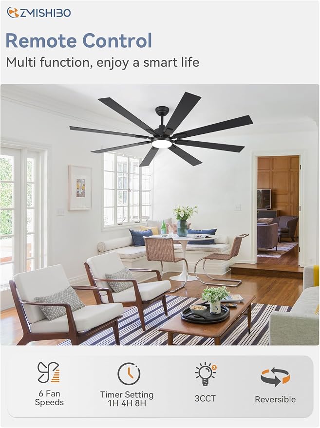 ZMISHIBO 72" Ceiling Fans with Lights for Patio, Living Room, Remote | High CFM Powerful Airflow, Quiet DC Motor, 24W 3 CCT LED, Indoor/Covered Outdoor, Dual-Finish, Damp Rated, Black