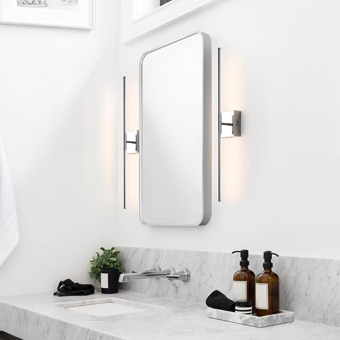 JONATHAN Y Makena 28" 1-Light LED Wall Sconce, Chrome, Set of 2 | Dimmable, Modern, Integrated 12W, Hardwired, Sleek Metal, Ambient, Bathroom Mirror, Bedroom, Hallway, Vanity Mount