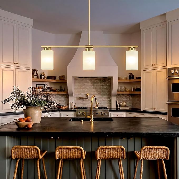3-Light Gold Kitchen Island Lighting 31" Pendant Light with Milk Glass Shade Adjustable Height Linear Chandelier for Dining Room Modern Farmhouse Light Fixture Over Table, Bar, Living Room, Foyer, E26