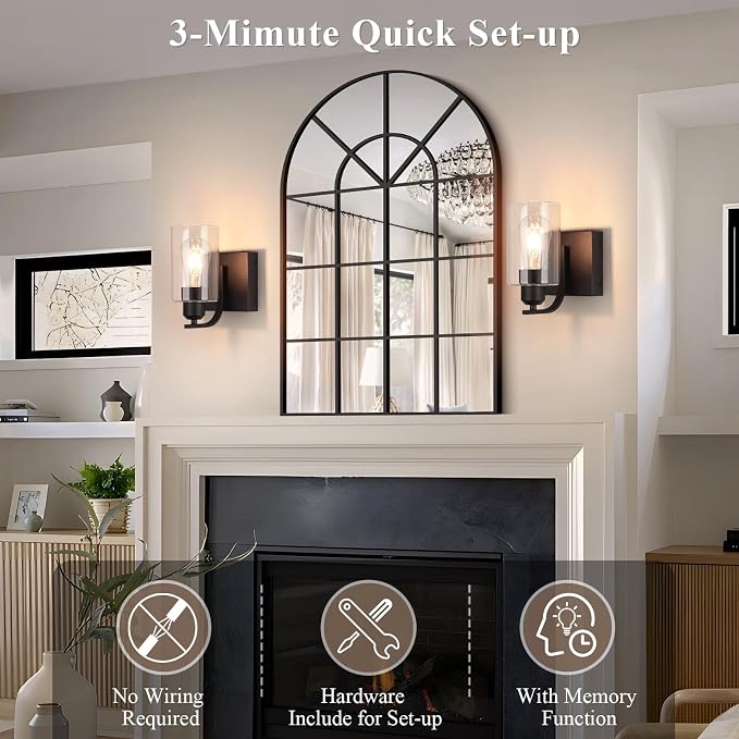 BELS 8 Inch Battery Operated Wall Sconces Set of 2, Farmhouse Wall Lights Fixture with Clear Glass, 4000K, Remote Control, Dimmable, Black Wall Sconces for Mirror, Bathroom, Bedroom