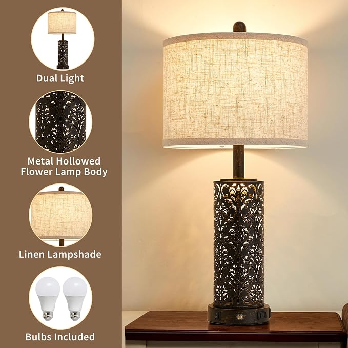 SAIWEYA 26" Set of 2 Farmhouse Table Lamp for Bedroom, Dimmable Touch | 3 Way Dimmable, 2 USB Ports + AC Outlet Bedside Lamp for Nightstand, LED Bulb Included, Fabric Shade, Flower Metal Body