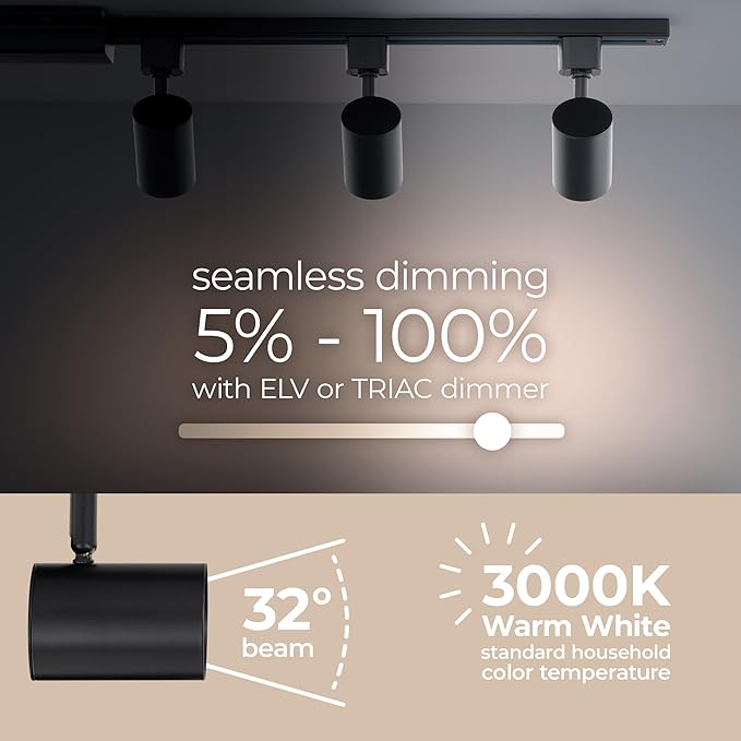 Amped Collection LED 10W Track Head 3000K Warm White Energy Efficient in Black for H Track, Standard 3-Wire Track System (Pack of 4 Lights)