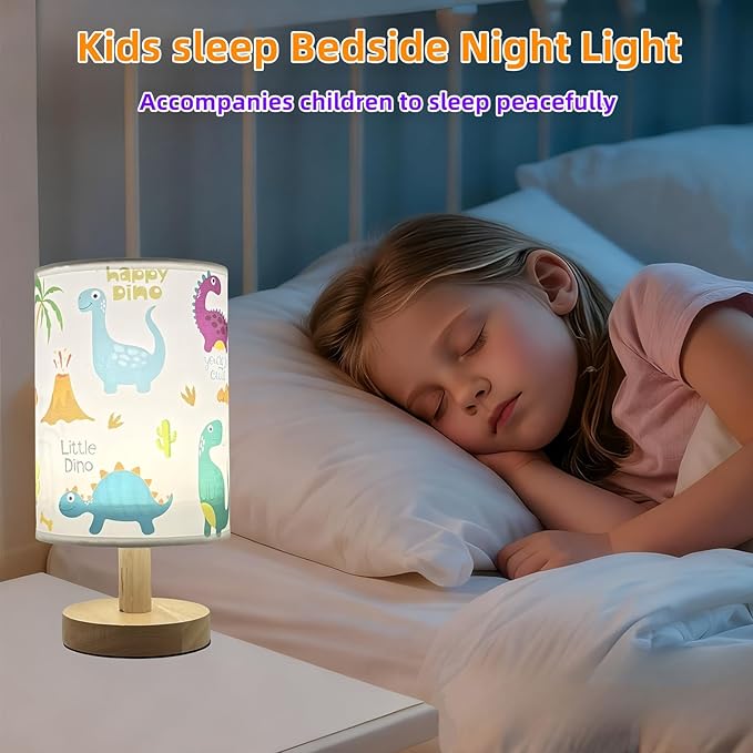Dinosaur Kids Table Lamp for Bedroom Kids Bedside Lamp 3 Colors Dimmable Nightstand Night Light with Cartoon Flaxen Fabric Shade Desk Reading Lamp for Girls Boys Room Nursery Decor,Dino Gifts for Boys