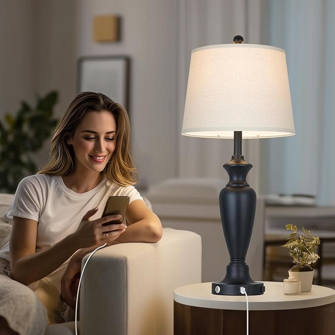 Black Table Lamp for Living Room Single, 30″ Tall Touch Control Bedside Lamp for Bedroom, 3-Way Dimmable Nightstand Lamp with USB A+C Ports and AC Outlet (1 Pack)