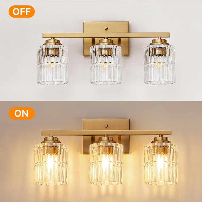 TALOYA Gold 3-Light Bathroom Vanity Light with Fluted Cylinder Glass Shade | Modern Vanity Lighting Fixtures, Bathroom Lights Over Mirror, Wall Mount Mirror Light Fixtures for Bathroom Hallway Bedroom