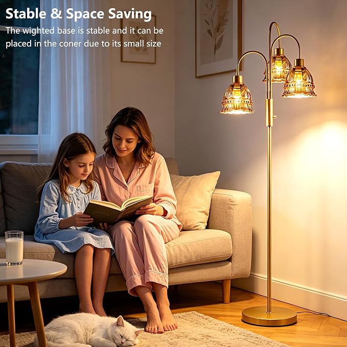 3-Light Glass Floor Lamp with Amber Ribbed Glass Shades, 70" Gold Dimmable Tall Standing Lamp with 3PCS 3000K Warm White Bulbs, Modern Tree Pole Lamp for Living Room Bedroom Home Office Corner Decor