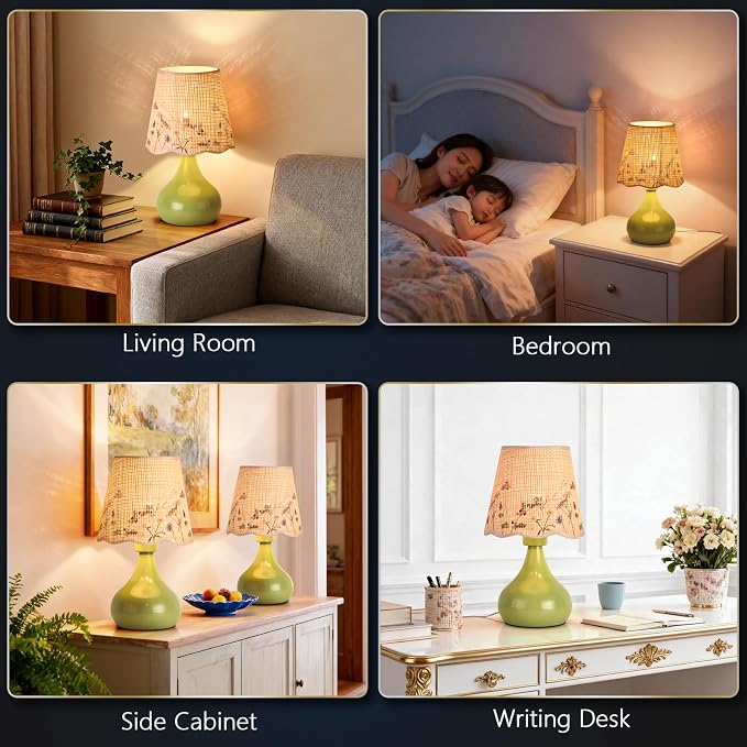 Ziqqeelam Green mall Bedside Cute Table Lamp for Bedroom, Table Lamps for Nightstand, Scalloped Rattan Shade Table Lamps for Small Spaces for Bedroom, Home Office, Living Room