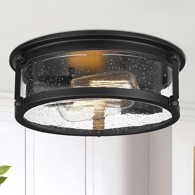 Farmhouse Black Flush Mount Ceiling Light Fixtures with Seeded Glass | Lampshade & Metal Frame, 2-Light Industrial Close to Ceiling Light for Kitchen, Hallway, Entryway, Bedroom, Forer, Entryway
