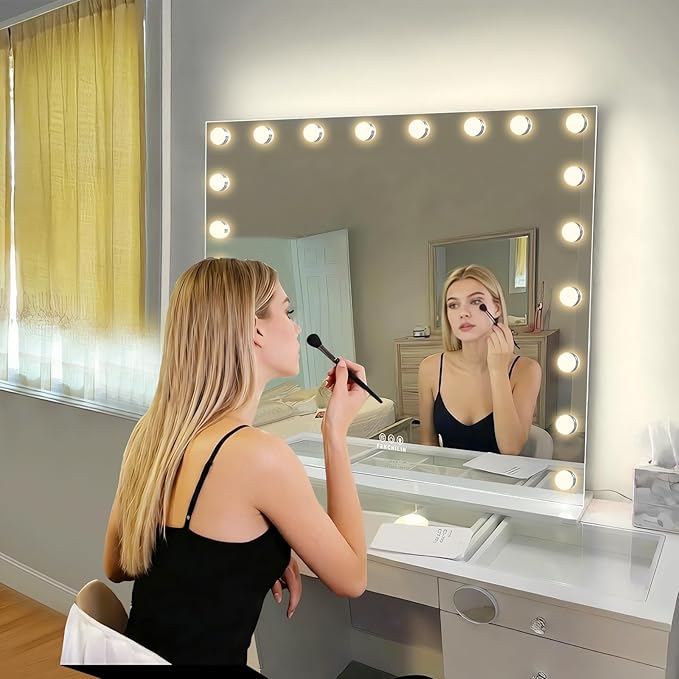 FENCHILIN Large Vanity Mirror with Lights 39''x32'', Backlit & Front Lit 20 LED Lighted Hollywood Vanity Makeup Mirror 3 Color Modes, Dimmer & Memory Function, Vanity Desktop/Wall-Hanging