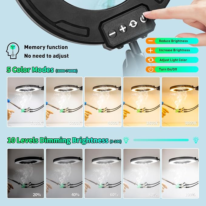 12X Magnifying Glass with Light and Stand, Soldering Helping Hands | 3-Section Swing Arm Workbench Lighted Magnifier, 5 Color Stepless Dimming, LED Desk Lamp with Clamp for Craft Repair Reading