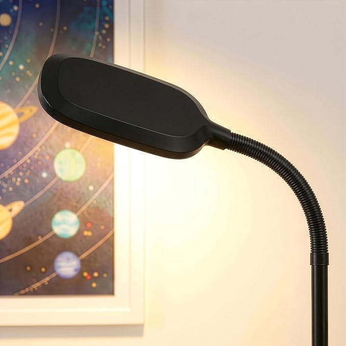 Brightech Litespan - Bright LED Floor Reading Lamp for Over Chair Crafts and Reading, Esthetician Light for Lash Extensions, Gooseneck Adjustable Standing Lamp for Living Room, Bedroom, Office - Black