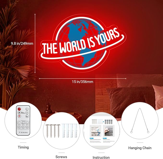 The World Is Yours Neon Sign, Dimmable Planet LED Neon Light Lamp for Wall Decor, USB Power for Man Cave Home Bar Bistro Club Cafe Wedding Game Room Bedroom Birthday Gift Graduation Party (Red)