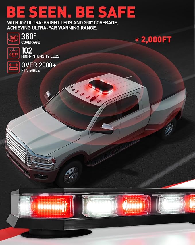 HLauto 406D Rooftop Emergency Strobe Lights Bar, 102 LED Red White Mini Beacon Safety Flashing Warning Traffic Lights Bar w/Magnetic Base for 12-24V Trucks, Construction Vehicles, Snowplow, Cars