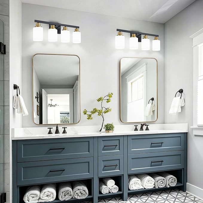Black and Gold Bathroom Light Fixtures, 4-Light Vanity Lights,24" | Bathroom Vanity Lights with Milky White Glass Shade,Bathroom Lights Over Mirror Wall Lamp Sconces for Mirror Restroom Sink
