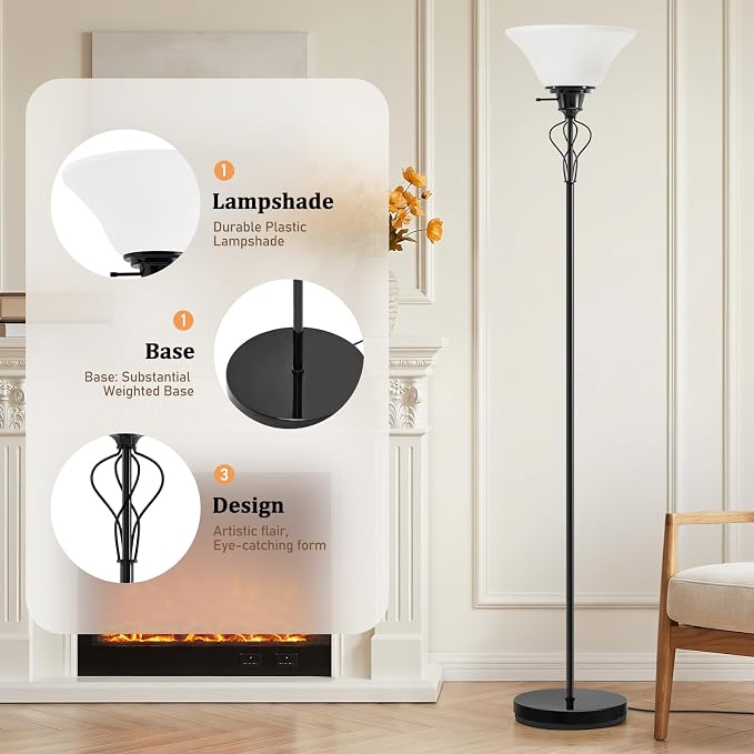 Floor Lamps for Living Room, 70" Tall Torchiere Floor Lamps, Plastic Shade | Bright Standing Lamp, Uplight, Stand Up Lamps Skinny Corner Lamp for Bedroom, Office, Dorm Room Decor, Separate On/Off Switch