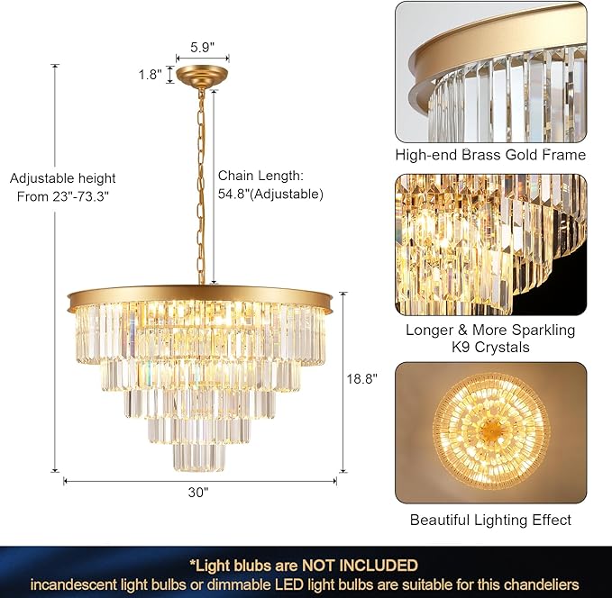 Large Crystal Chandeliers 30’’ Modern Gold Round Chandeliers for High Ceiling K9 5-Tier Large Ceiling Chandelier Light Fixtures Luxury Chandelier for Staircase Foyer Living Room