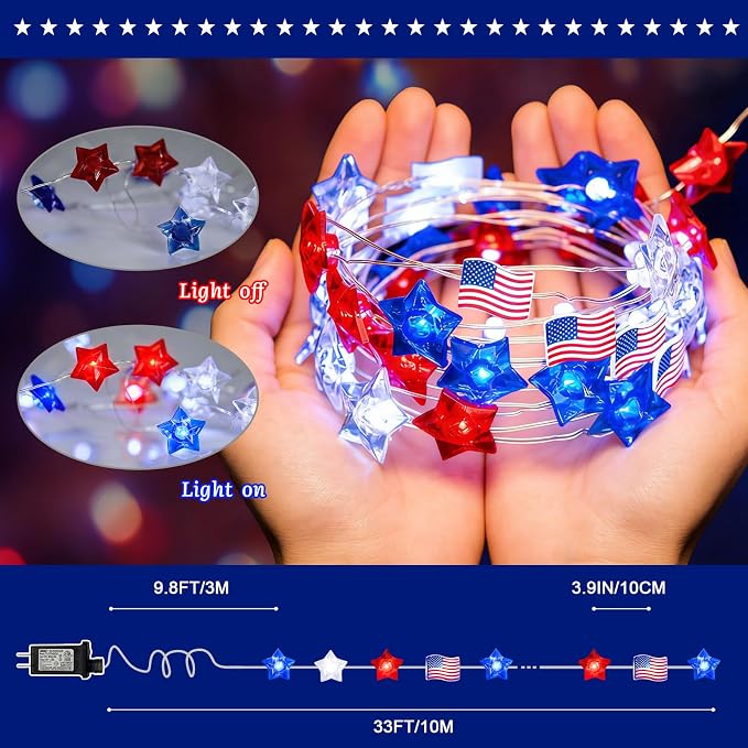 Red White and Blue Patriotic String Lights, 33FT 100 LED Plug in Fairy Lights with 16 Lighting Modes & Timer, 4th of July Decorations for Independence Day Memorial Day Home Garden Decor
