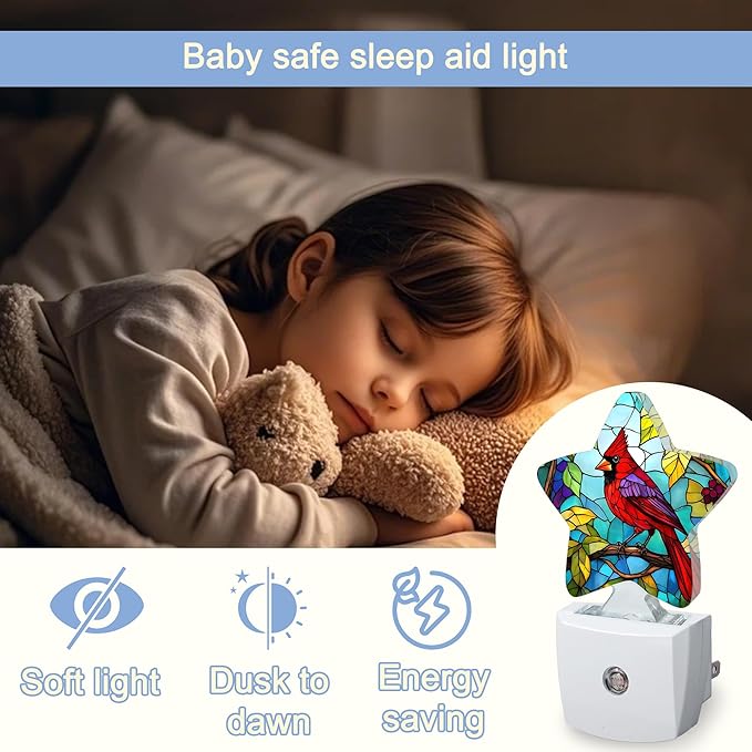 Cardinal Bird Night Light,Christmas Stained Glass Plug-in Star Night Lights with Dusk-to-Dawn Sensor for Bedroom,Bathroom,Living Room Sleep Friendly Lamp for Women Girls Boys Gift,0.5W