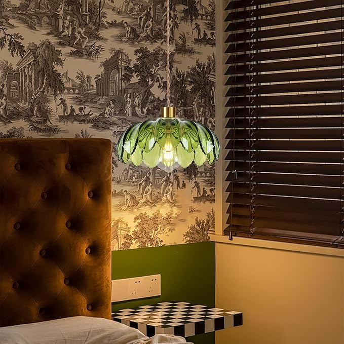 Plug in Pendant Light Hanging Lights with Plug in Cord Boho Hanging Lamp Glass Gold Mid Century Modern Vintage Dimmable Green Flower Plug in Chandelier Ceiling Fixture for Living Room,Kitchen