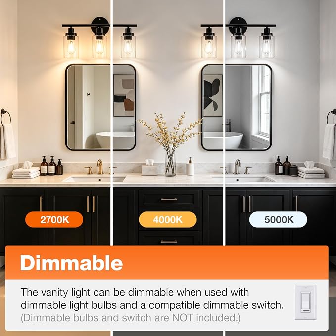 LEDVANCE Sylvania 18.23" Modern Bathroom Light Fixture with 3 Clear Glass Shades, Iron with Black Finish, E26 Medium Base, Vanity Lights for Bathrooms, Foyers, Entryways - 1 Pack (67904)