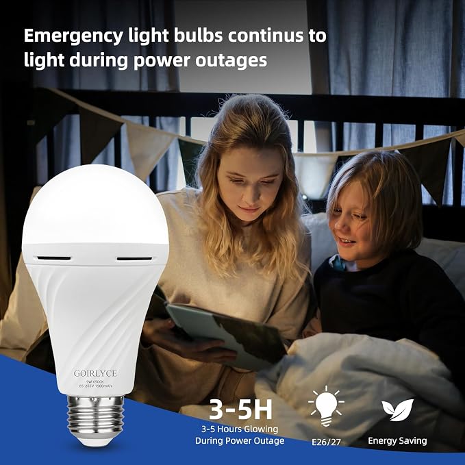 2Pack Emergency Rechargeable Light Bulbs Battery Operated Light Bulb | White 9W E27 6500K 1500mAh, Equivalent Self-Charging LED Light Bulbs for Home, Camping, Hiking Hurricane