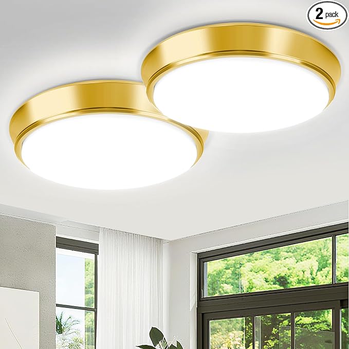 13 Inch Dimmable Flush Mount LED Ceiling Light Fixtures, 2-Pack Gold LED Ceiling Lights with 5 Color Temperatures (2700K/3000K/4000K/5000K/6500K), Modern Round LED Lights for Kitchen Living Room