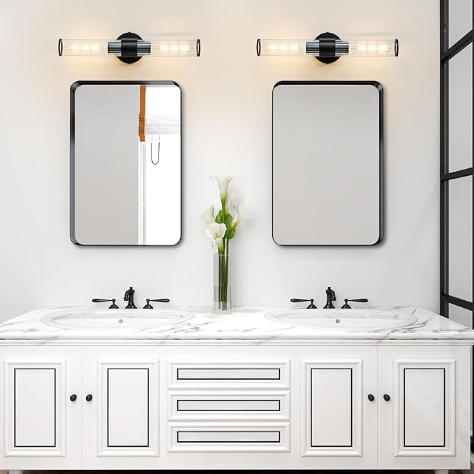Bathroom Vanity Light Fixtures, Black Wall Sconces in Threaded Glass, Modern Wall Light for Bathroom Living Room Bedroom, Hallway - Bulb Not Included
