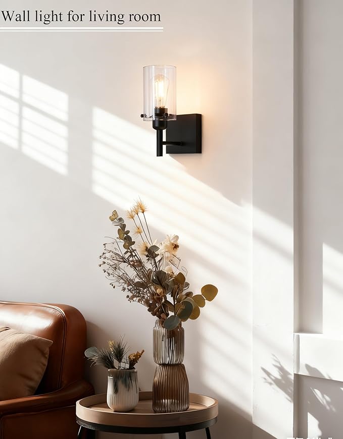 Modern Farmhouse Black Wall Sconce,1-Light Bathroom Wall Mount Vanity Light with Clear Glass Shade,Indoor Metal Wall Lamp for Living Room Bedroom Kitchen Hallway Mirror Decor
