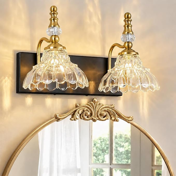 Vintage Bathroom Vanity Light, 2-Light Black Gold Vanity Lighting Fixture with Flower Glass Shade, Bathroom Lighting Fixtures Over Mirror