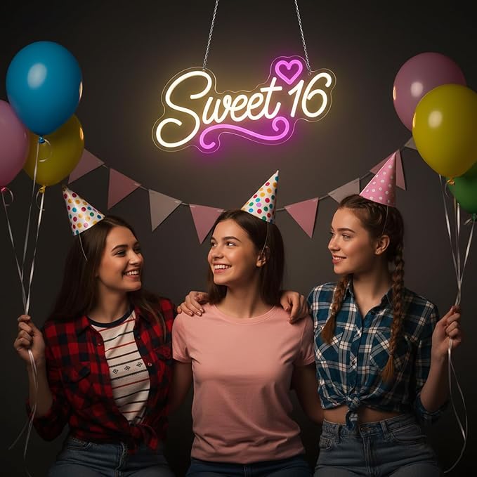 Sweet 16 Neon Sign, LED 16th Birthday Party Decor Light 16.1"X8.6" | USB Powered with Dimmer Switch Sixteen 16th Birthday Party Decorations for Girls Light Up for Wall Decor Room Decor Aesthetic