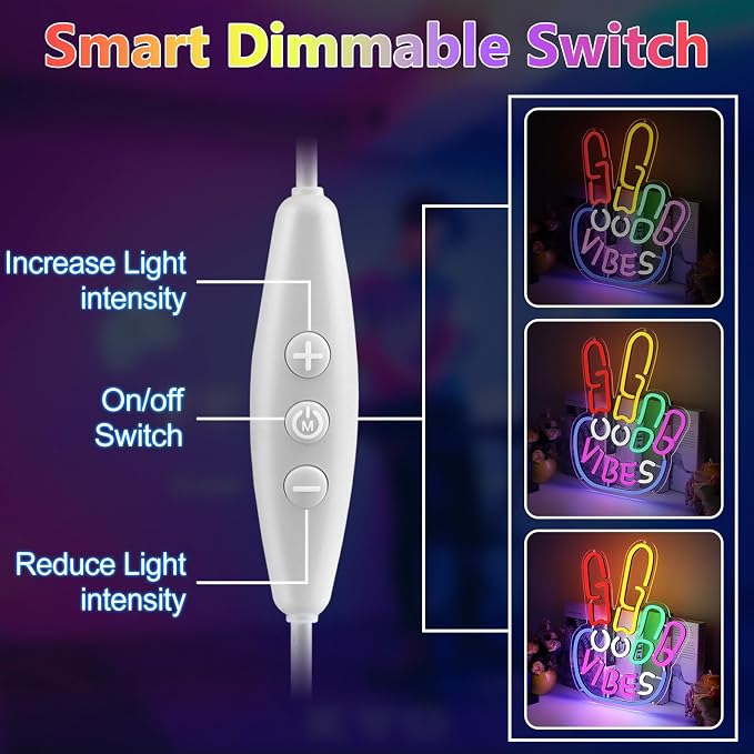 Good Vibes Neon Sign, LED Neon Light for Wall Decor, USB Powered Dimmable Sign with ON/OFF Switch, Colorful Room Decoration Light for Bedroom, Game Room, Bar, Party and Home Decor